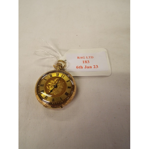 183 - An 18ct gold ladies fob watch the dial having engine turned floral decoration and Roman numerals