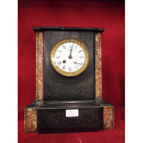 201 - A Victorian slate mantel clock the enamel dial having roman numerals, 8 day movement, in need of res... 