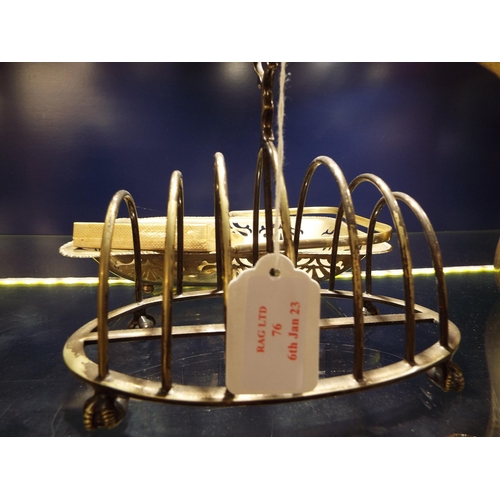 76 - A silver-plated toast rack, bon bon dish and a Norwegian bottle opener