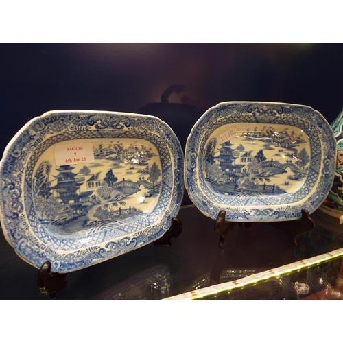 9 - A pair of Miles Mason blue and white shallow dishes with Nanking pattern impressed mark to base