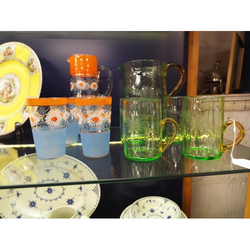 28 - A vintage green lemonade set having etched floral decoration and a retro orange and blue floral lemo... 