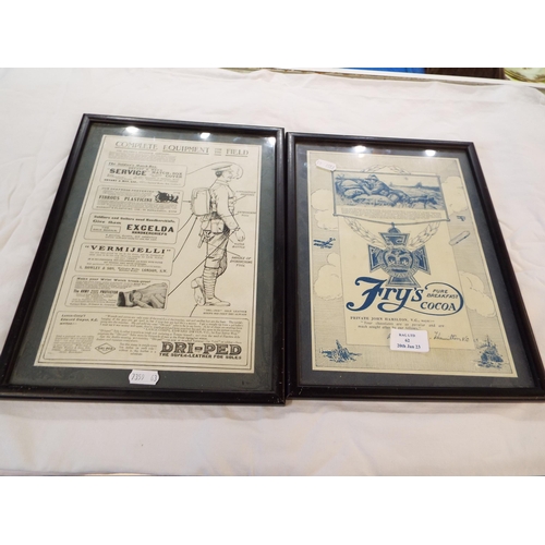 62 - Two framed WWI posters 'Fry's and Dri-Ped'