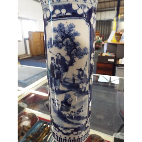 42 - A Chinese blue and white vase having panels with figures and prunus decoration, four character marks... 