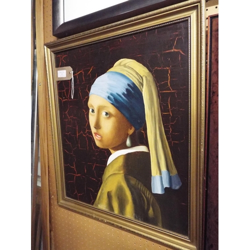 459 - A framed oil on board depicting 'Girl with Pearl Earring'