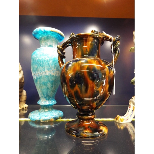 2 - A Victorian brown glazed china vase with rope twist handles A/F together with a blue marble type vas... 