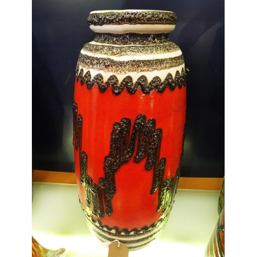 52 - An extra large West German fat lava vase with red glaze and stylised decoration, 47cm high