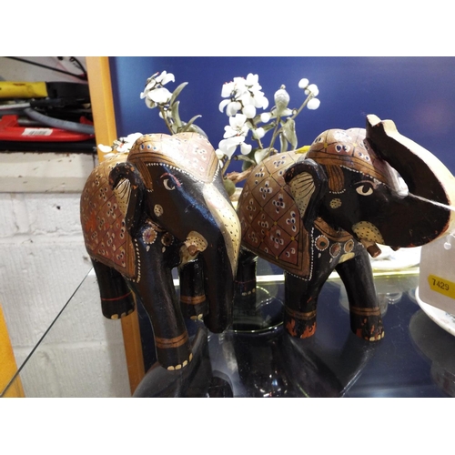 74 - A pair of hand painted folk art wooden elephants together with an Oriental china Bonsai tree