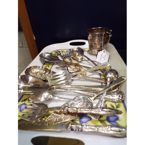 97 - A boxed set of silver-plated soup spoons and assorted cutlery