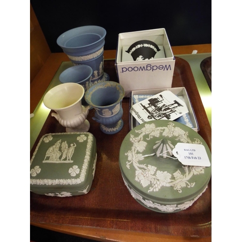 101 - A mixed selection of black basalt, sage and blue Wedgwood to include vases, pin dish, lidded pots et... 