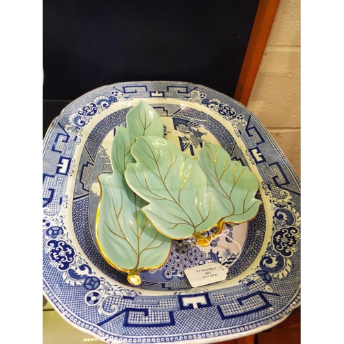 109 - A large blue and white meat platter and two Carlton plates