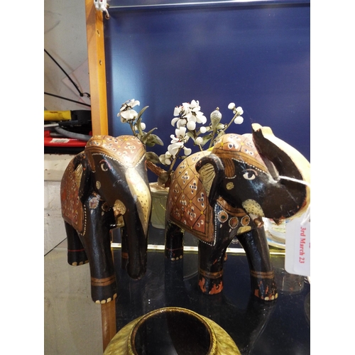 63 - A pair of hand painted folk art wooden elephants together with an Oriental china Bonsai tree