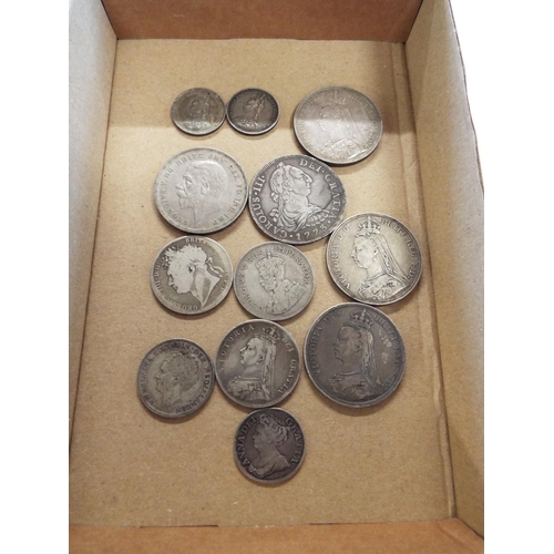 128 - A mixed selection of crown's to include 1887, 1890 UK, sixpence 1709, shilling 1713, UK half crown, ... 