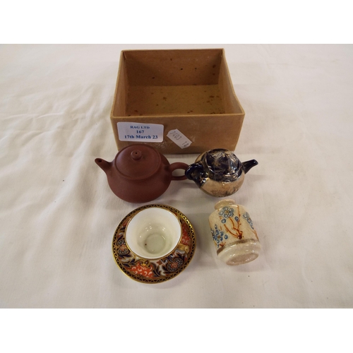 167 - A miniature Yixing teapot marks to base together with a miniature satsuma teapot, vase and a Crown D... 