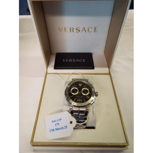 175 - A boxed as new gents Versace Aion chronograph wristwatch with stainless steel strap the black dial h... 