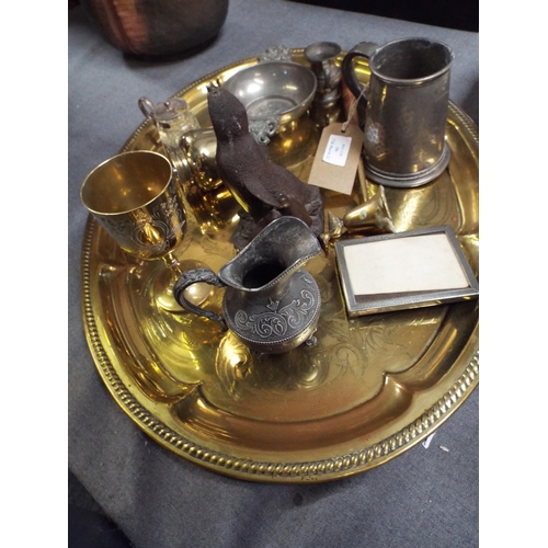 296 - A brass tray, assorted pewter and brass items