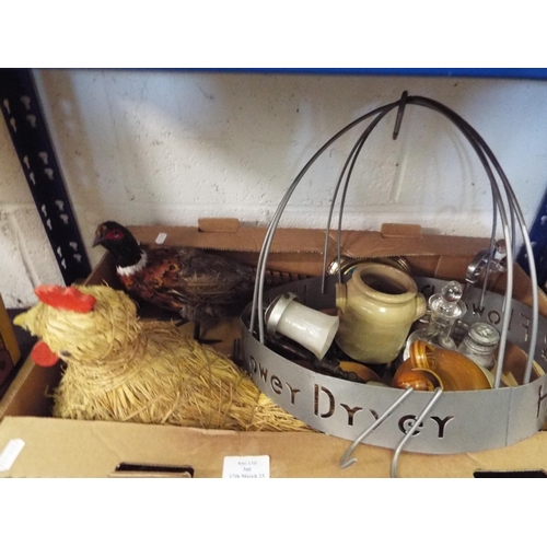 340 - A mixed selection to include two straw birds, trivet, wall sconce, Cider bottles etc