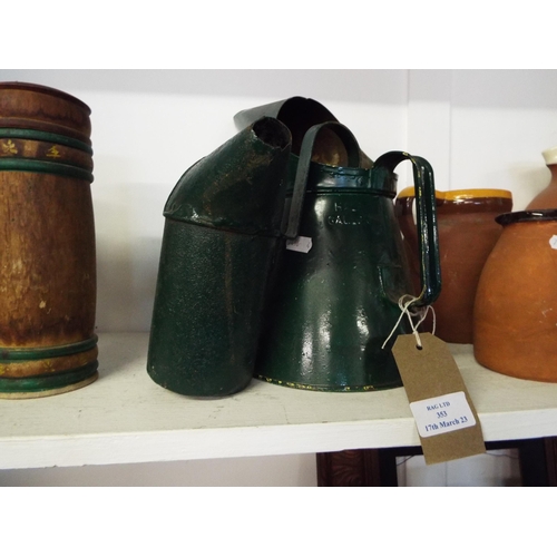 353 - Two vintage green painted oil cans