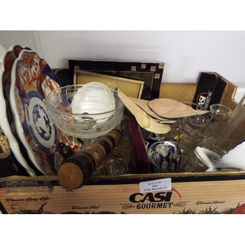 368 - A box of mixed china and glassware to include Imari plates, Oriental silk place mats