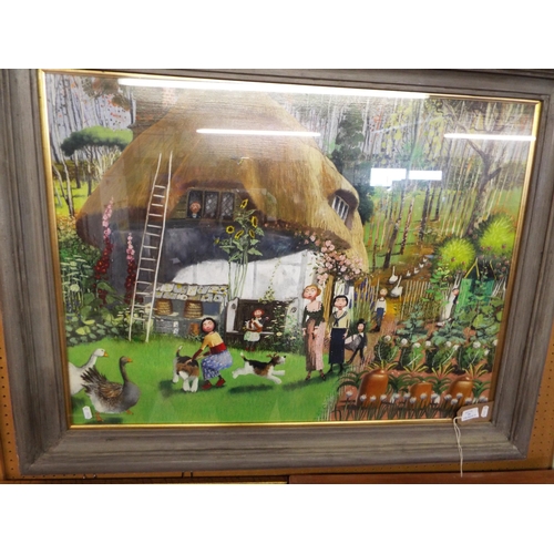 386 - Richard Adams varnished chalk pastel 'The Visit' thatched cottage signed to the right framed and gla... 