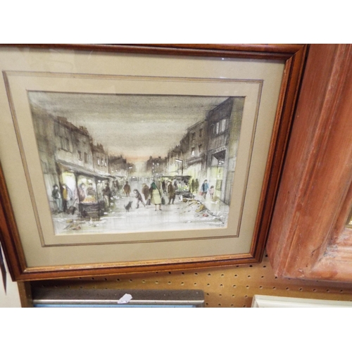 389 - A mounted framed and glazed Joan De Bethel watercolour 'Late Night Shopping'