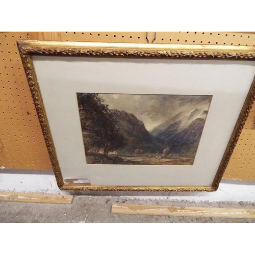 397 - A mounted framed and glazed watercolour depicting landscape and figural scene in gilt frame