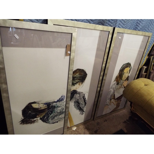 401 - Marina Kim triptych watercolour 'Mieko Meguro' set in silvered fame