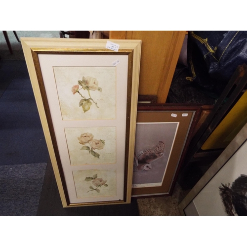 402 - A set of five framed hunting prints, three floral prints and an owl print