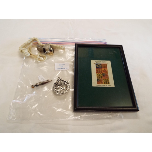 123 - A mixed selection of assorted items to include a framed Kensitas silk, whistle, silver brooch etc