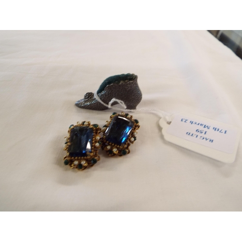 159 - A pair of vintage clip on earrings inset with large blue stone together with a Victorian pin cushion... 