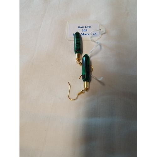 209 - A pair of Malachite earring's with gold plated hooks