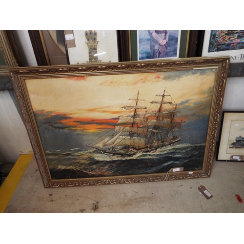 424 - Oil on canvas sea-scape with clippers signed A Kennedy lower right