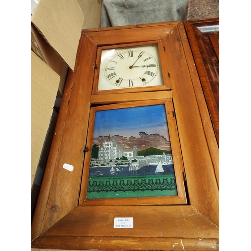 454 - An antique American wall clock with Lancastershire Castle glass panel