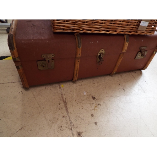 477 - A vintage cabin trunk with a shipping label Cunard R.M.S Queen Mary News of the World, Christmas Cru... 