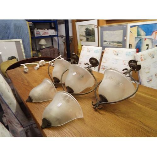 515 - Three vintage frosted glass and brass ceiling lamps and a pair of matching wall sconces