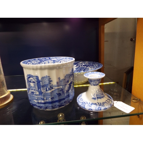 23 - A Spode bowl, jardinière and candlestick having pictorial decoration