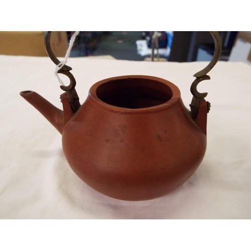 47 - A vintage Yixing tea-pot having metal handle, signed to base