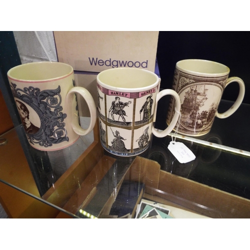 112 - Three boxed Wedgwood 1 pint mugs to include The Mayflower, Trafalgar and Shakespeare Characters