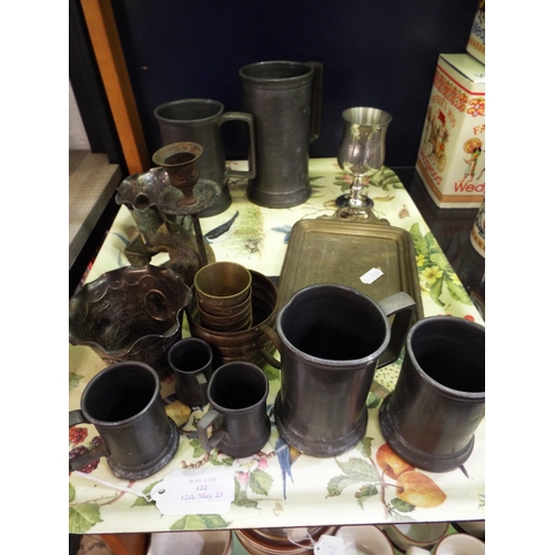 122 - A mixed selection to include pewter tankards, brass-ware and metal mouse candlestick