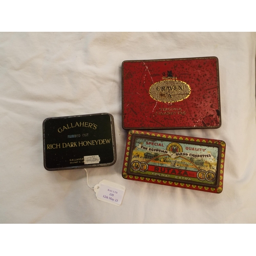 139 - Three vintage Edwardian tins 'Rutaza the Eqyptian Blend of Cigarettes', 'Gallahers Rich Dark Honeyde... 