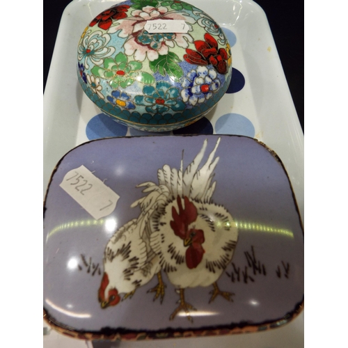 46 - A cloisonné box decorated with two chickens and a floral design together with a round cloisonné box ... 