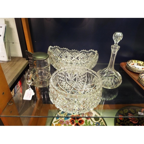 112 - Two crystal glass fruit bowls, tankard and decanter