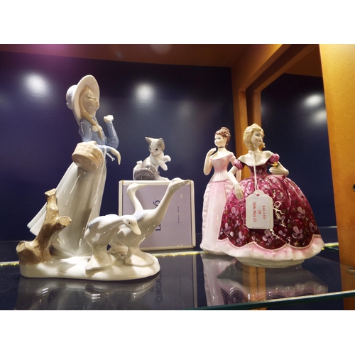 19 - Two Coalport figurines 'Victoria' and 'Rosemary', a Lladro boxed 'Cat and Mouse' figurine and a vint... 