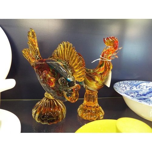 34A - An art glass cockerel and a fish