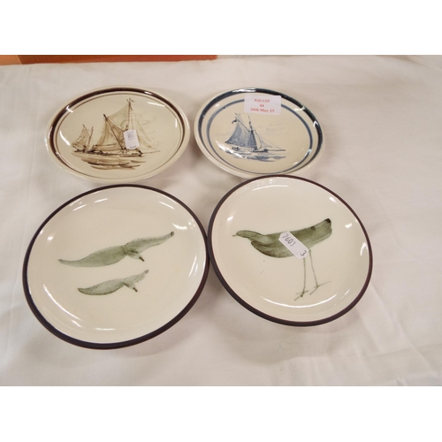44 - Four Rye pottery pin dishes, two signed Wally Cole