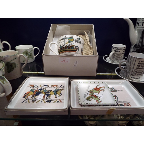 60 - Three Limoges pin trays and cup and saucer with Bayeux Tapestry decoration