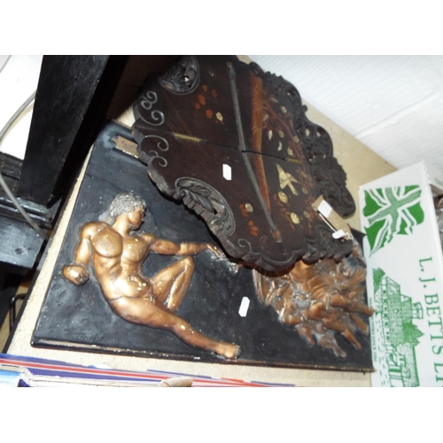 369 - A Neo Classical plaster plaque A/F and a section of an Oriental decorated shelf with bone and mother... 