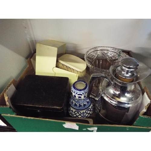 391 - A mixed selection of china, glass and two bone handle brushes