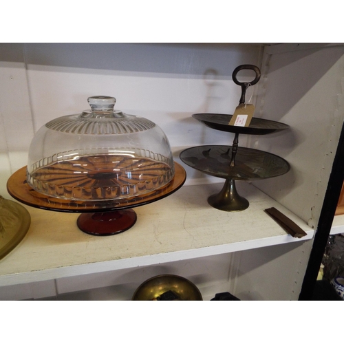 396 - A glass cake stand and dome and a metal cake plate