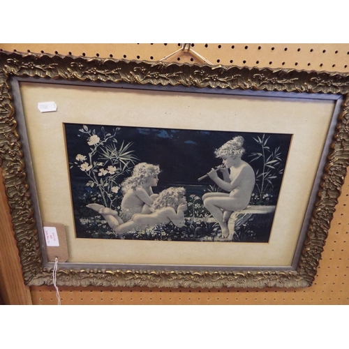 405 - A vintage print on silk 'Three Children in Gardens'