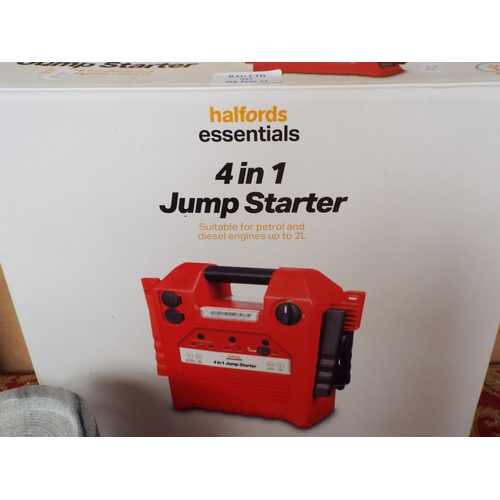 A Halfords essentials 4 in 1 jump starter boxed